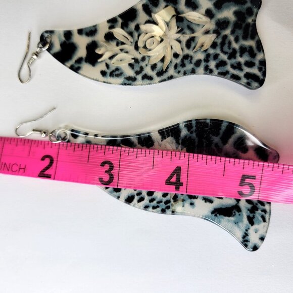 Dark Blue Leopard Print Resin Big Dangle Earrings Bluish Black Long Earrings - Picture 4 of 8